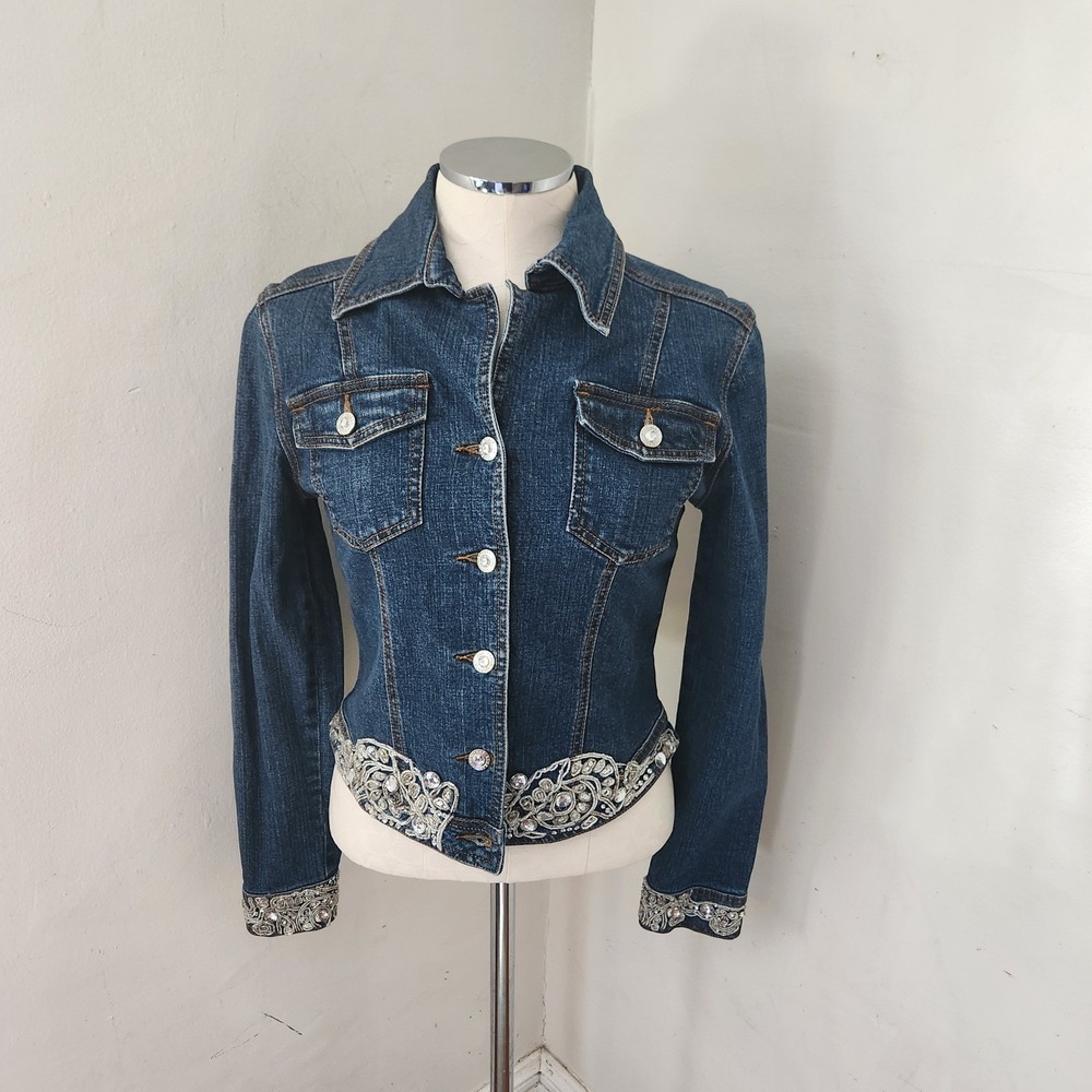 Cache Womens Dark‎ Wash Rhinestone Embellished Denim Jacket Size 4 Silver